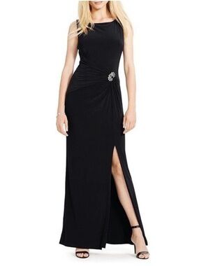 Lauren Ralph Lauren Black Formal Maxi Dress Evening Brooch Crystals Long Gown 8